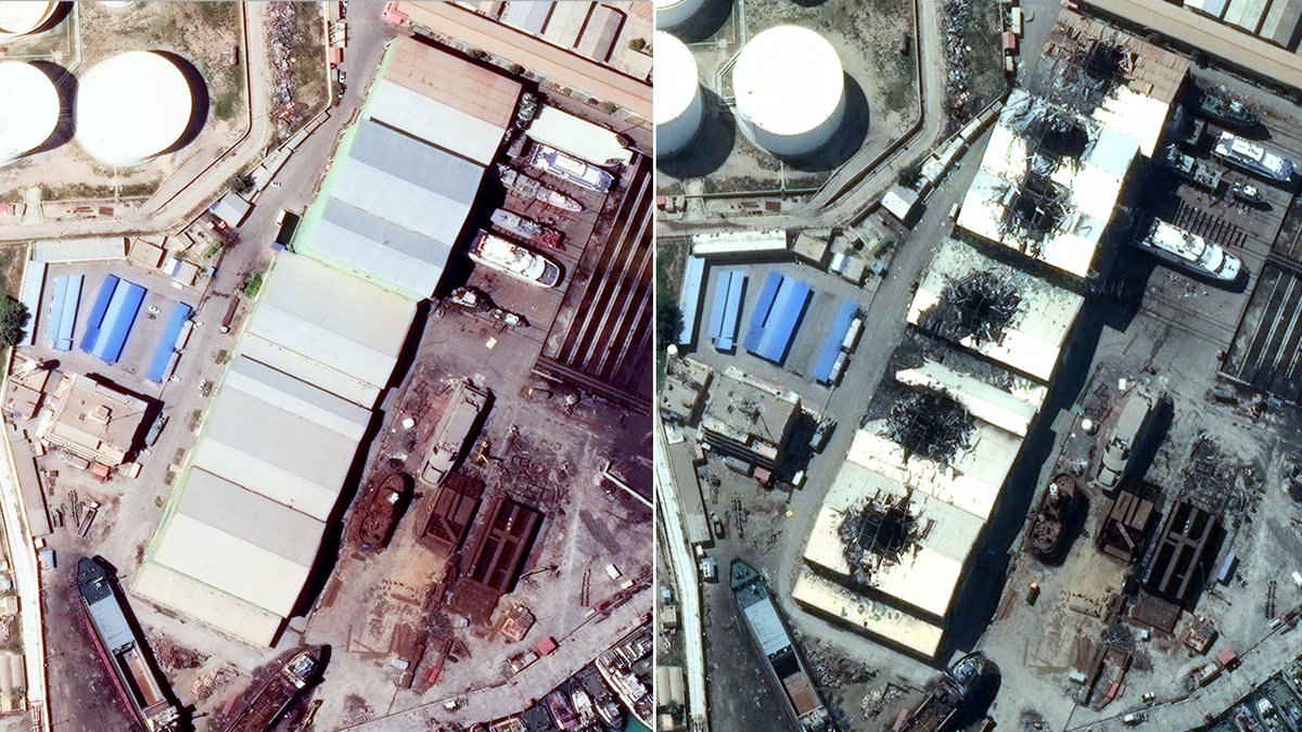 A before and after photo showing damage at Iran's Bushehr naval facility.