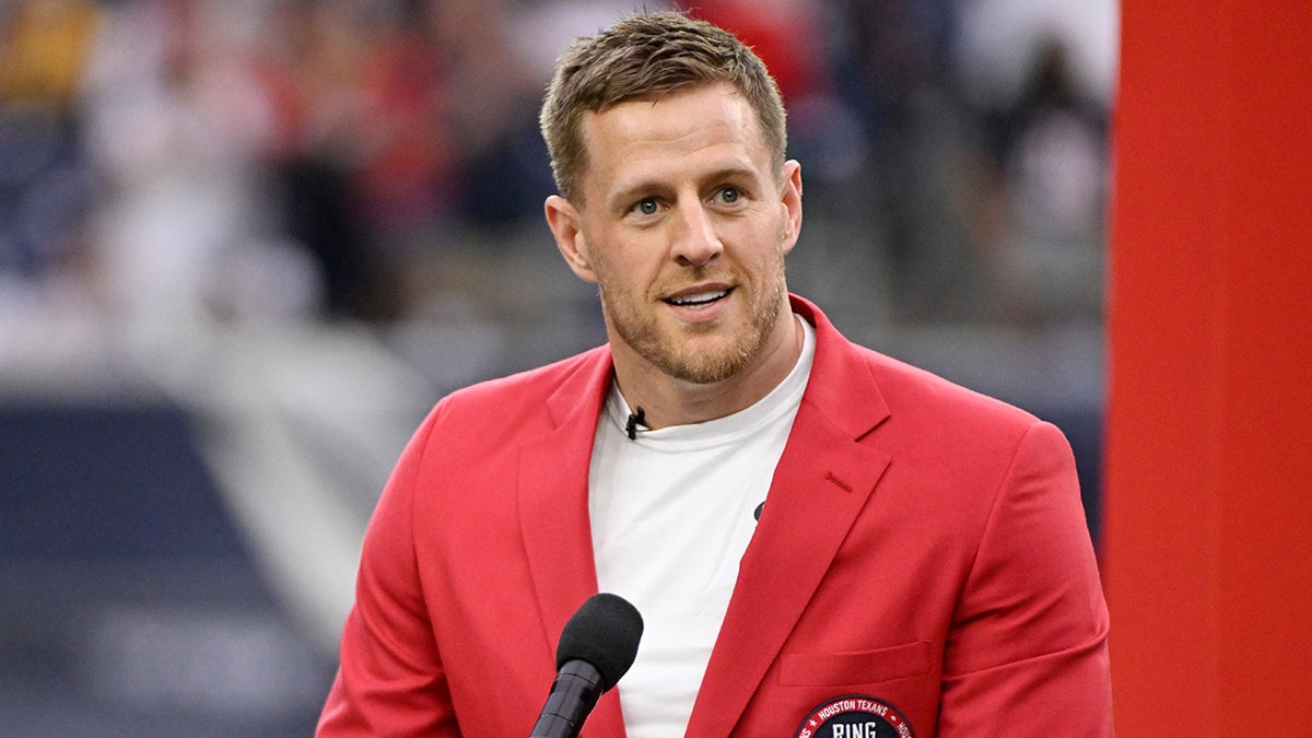Former Houston Texans player J.J. Watt speaks during a ceremony inducting him into the Texans Ring of Honor during a game against the Pittsburgh Steelers at NRG Stadium on October 01, 2023 in Houston, Texas.