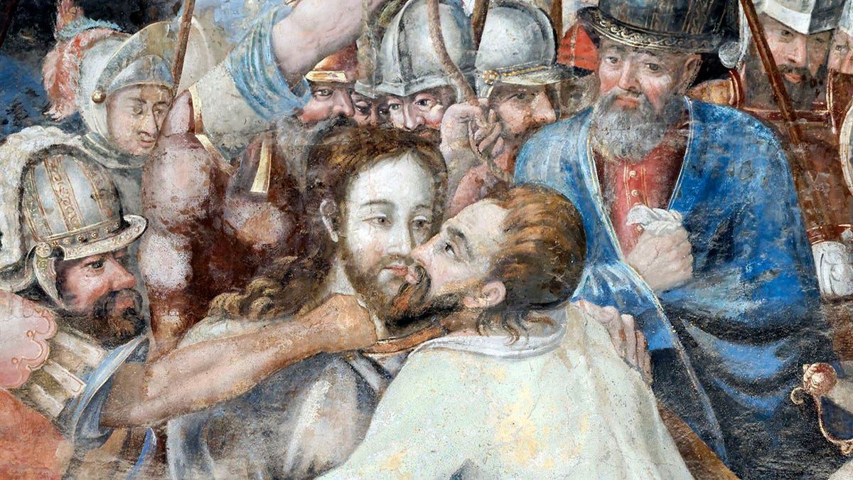 Artwork image: "The kiss of Judas, also known as the Betrayal of Christ, as depicted in a mural.