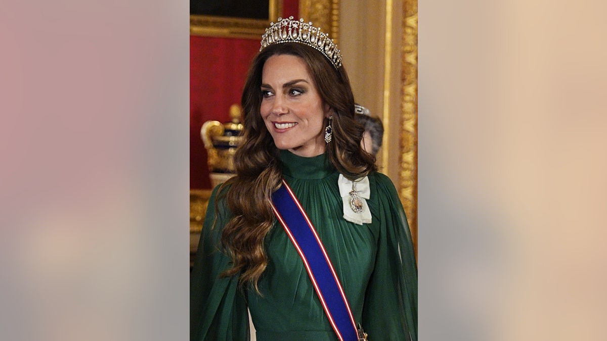 A close-up of Kate Middleton wearing the Lover's Knot Tiara.