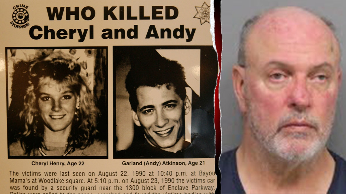 Floyd William Parrott's Texas mugshot, alongside a missing persons poster for Cheryl Henry and Andy Atkinson
