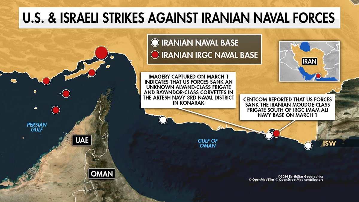 Map of U.S. and Israeli strikes against Iranian naval forces