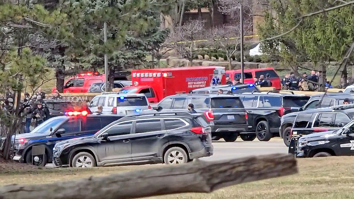 EMS vehicles parked outside Temple Israel
