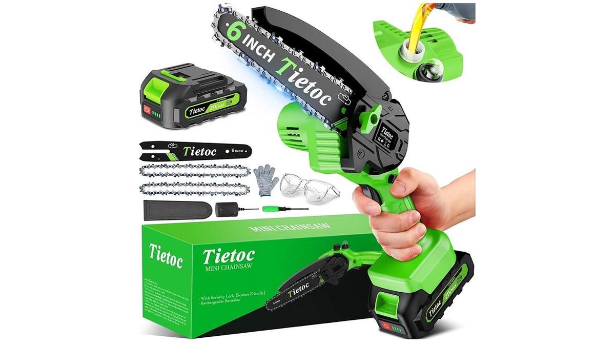 Chop thick branches one-handed using a mini chainsaw. 