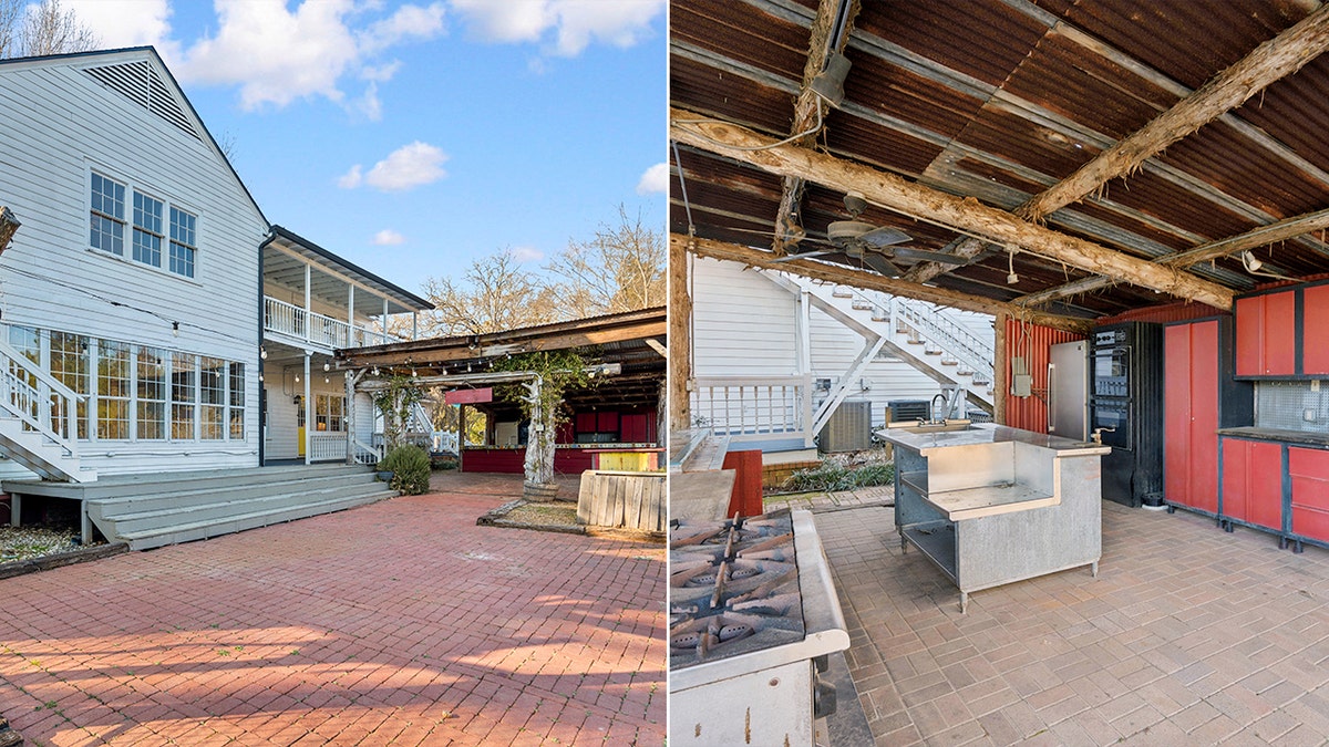 The backyard features a brick courtyard and an outdoor kitchen.