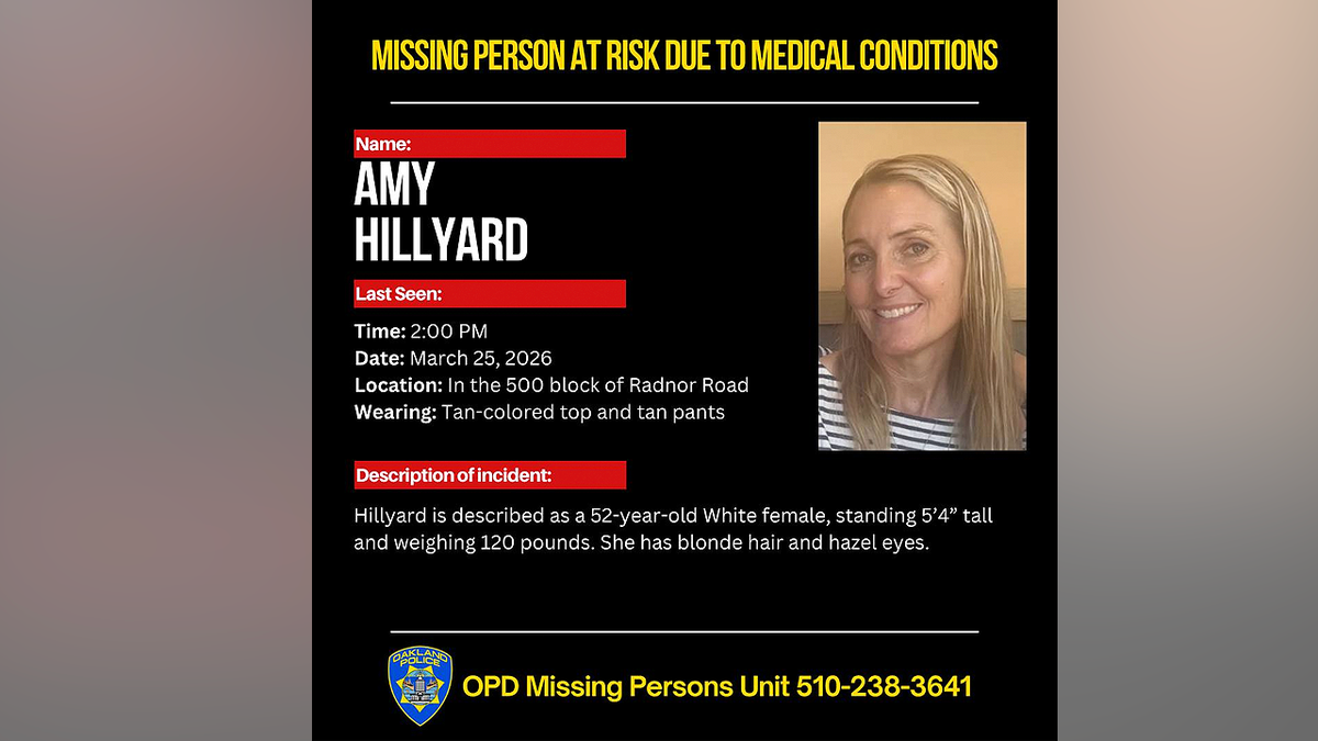 Cartel de persona desaparecida de Amy Hillyard expuesto en Oakland, California