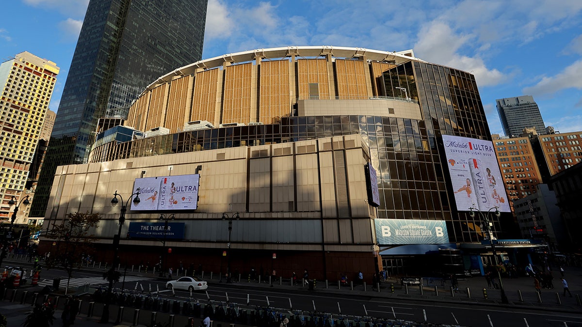 Exterior view of Madison Square Garden before a hockey game in New York City
