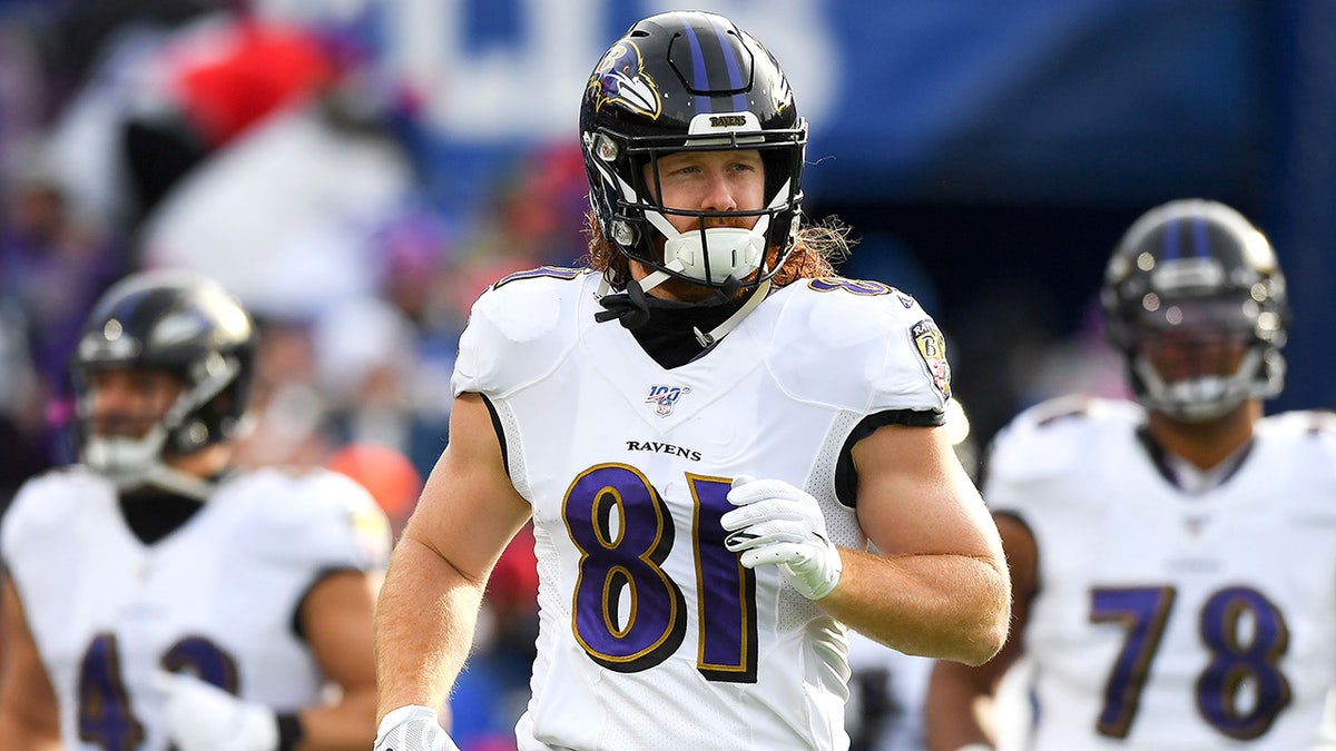 Hayden Hurst jogs connected  the tract  anterior  to an NFL game