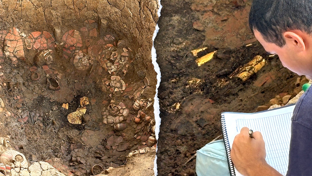 Split image of ceramics at site, archaeologist documenting site