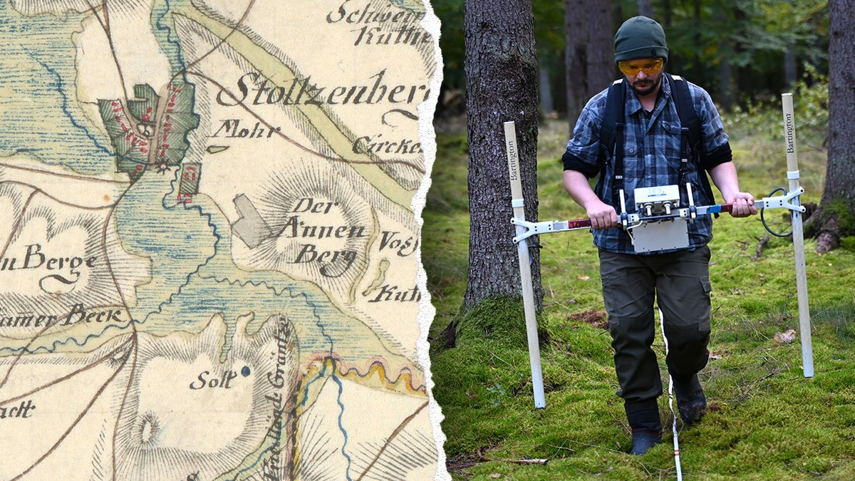 Split image of Stolzenberg map, archaeologist on site