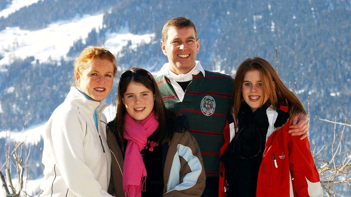 The Duchess of York, Princess Eugenie, the Duke of York, and Princess Beatrice posing during a photocall.