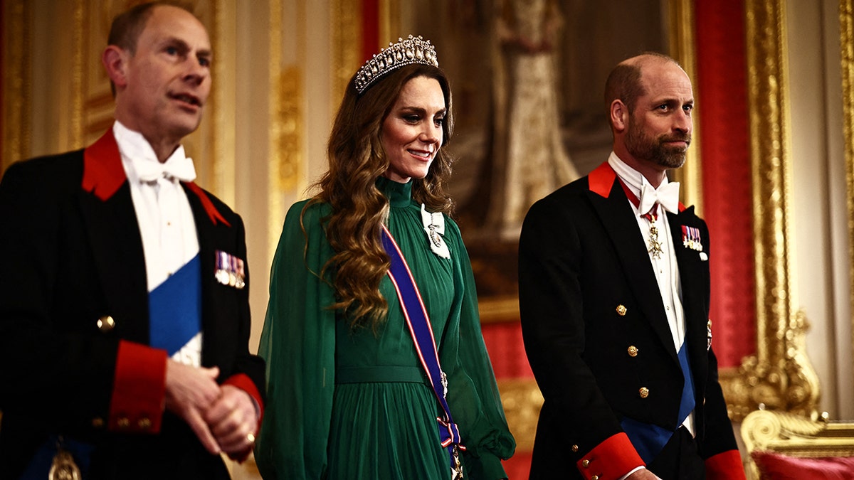 Prince Edward, Kate Middleton and Prince William walking together for the state banquet.
