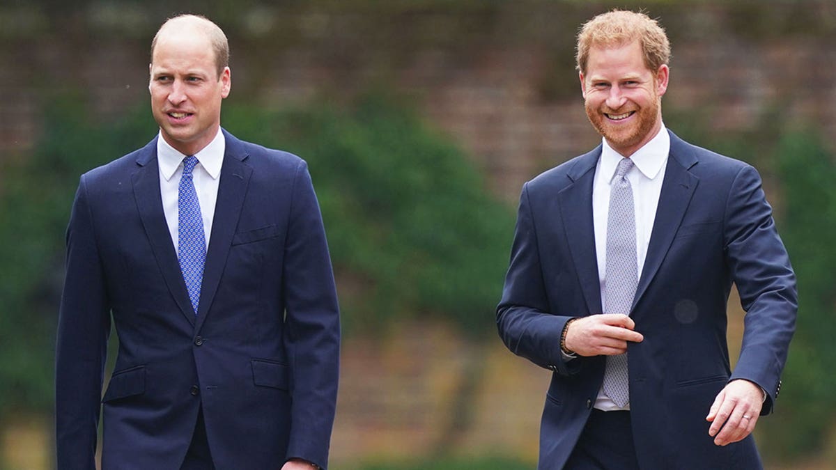 Prince William looking serious as Prince Harry smiles in matching dark blue suits.