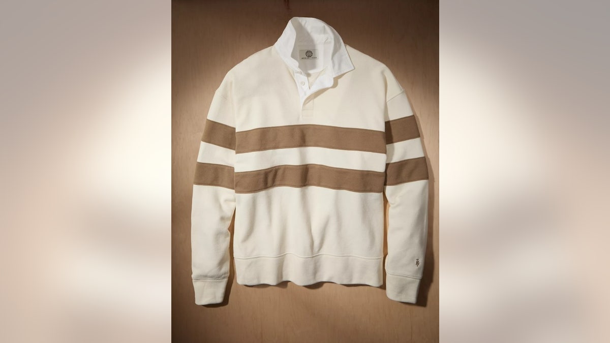 This classic rugby shirt has a preppy aesthetic.