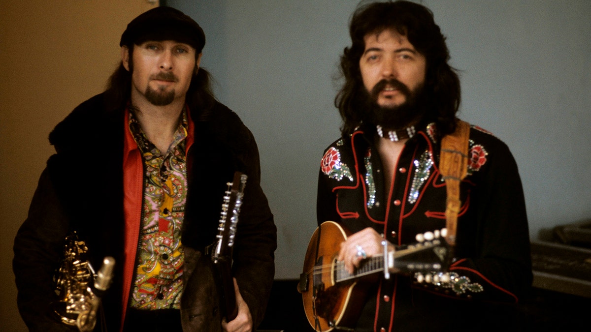 Jim Seals and Dash Crofts of the rock and roll group "Seals &amp; Crofts" pose for a portrait.