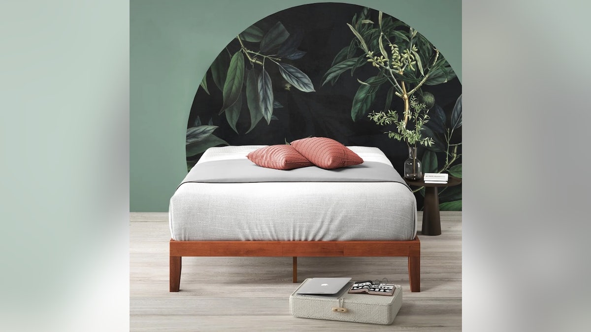 This modern bed frame sits tall for underneath storage.