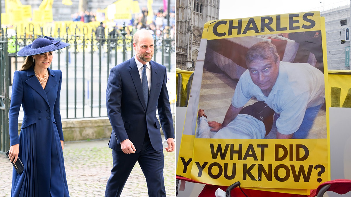Kate Middleton and Prince William standing with protest signs behind them