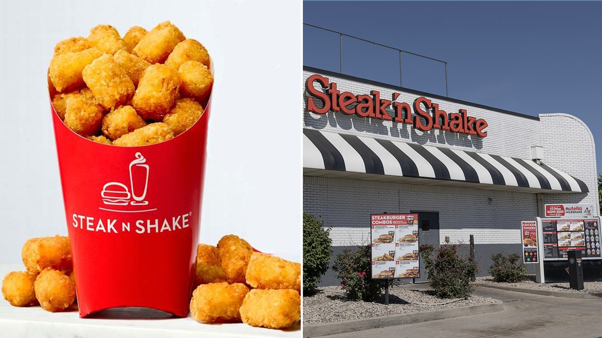 Steak 'n Shake tater tots are shown on a white background, left. A Steak 'n Shake restaurant's drive-thru menu is shown, right.