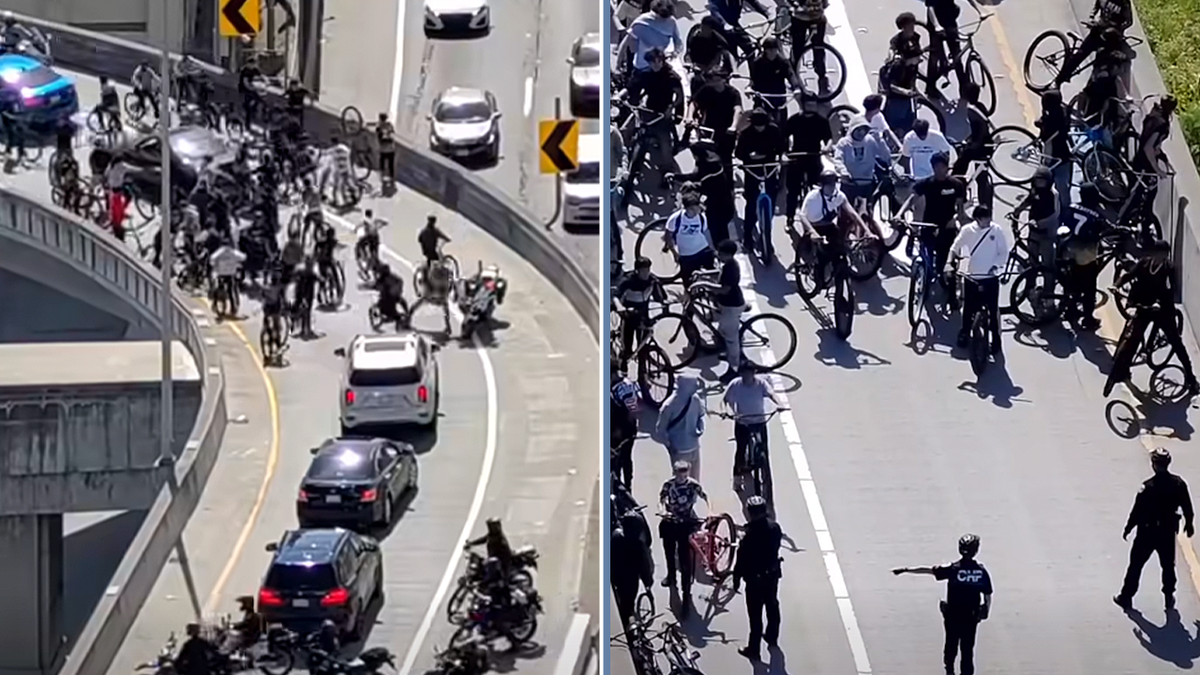 Bicyclists weave in and out of traffic in San Francisco