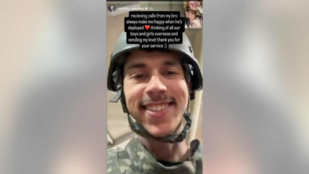 Sydney Sweeney's brother, Trent in uniform and helmet with a text about receiving supportive calls from Sydney's brother while deployed.