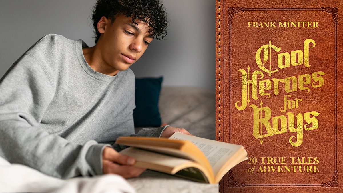 A representation  of a lad  speechmaking  on  with the publication  overgarment   of "Cool Heroes for Boys."