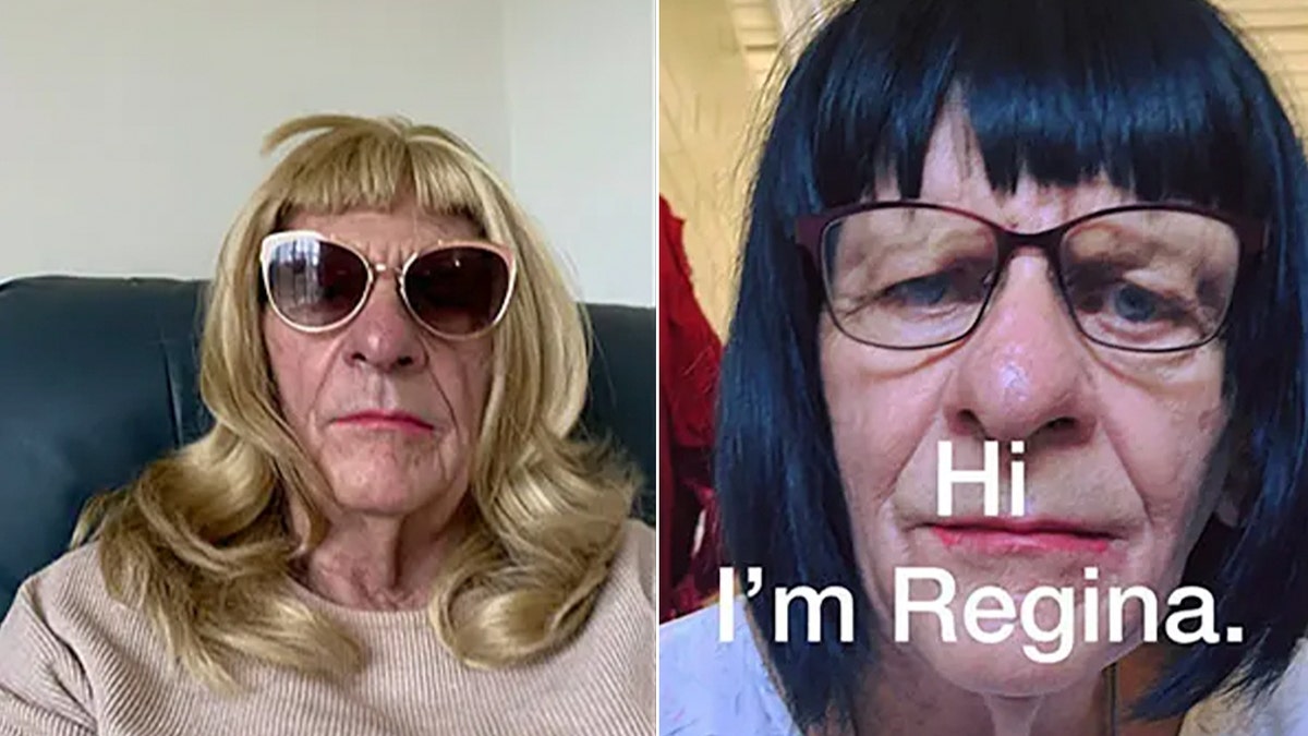 Reginald Arthur con peluca blong y negra con lápiz labial en dos fotos divididas