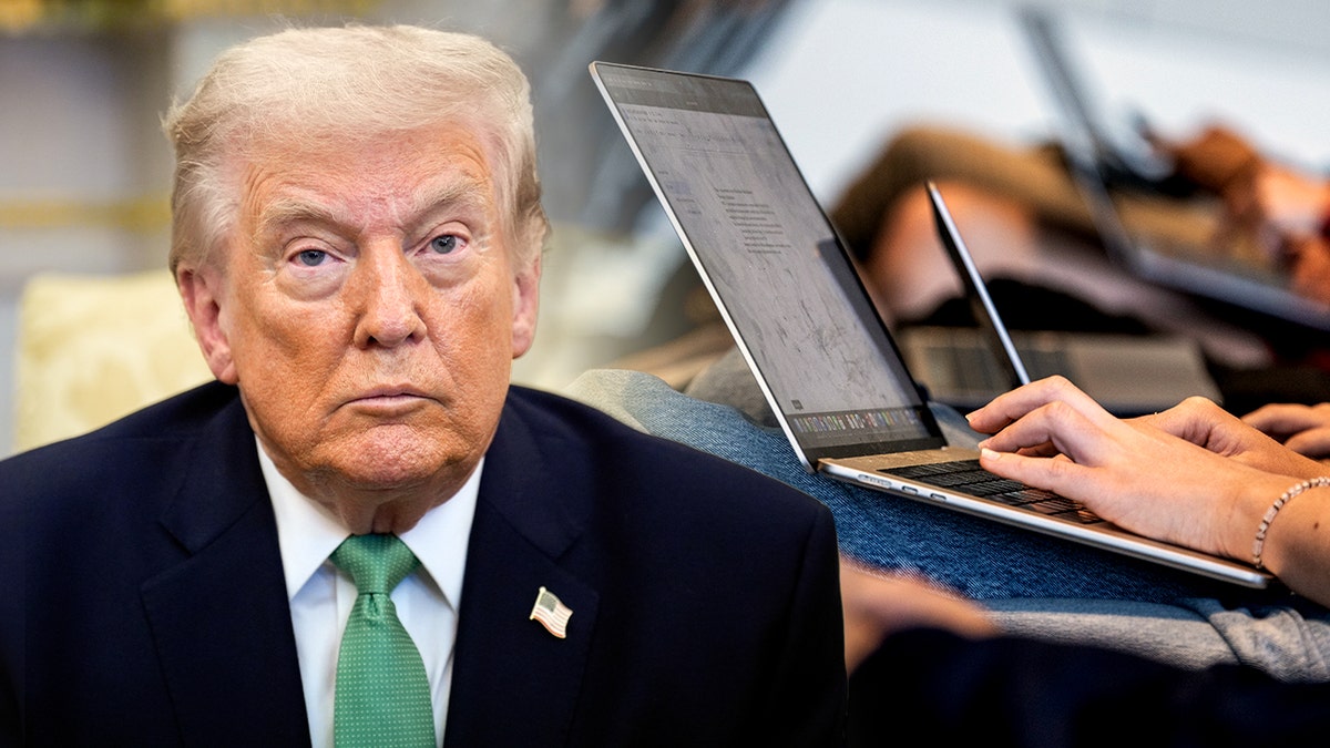 Aparece Trump superpuesto sobre una foto de estudiantes usando portátiles.