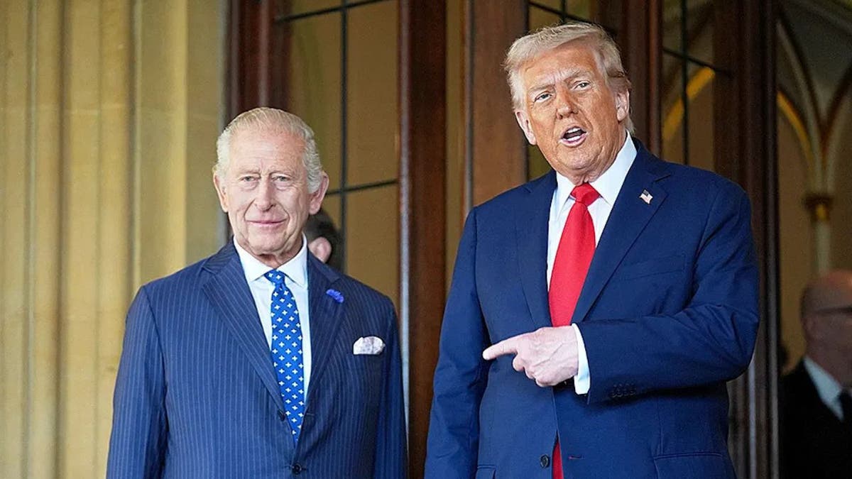 President Donald Trump standing with King Charles III outside Windsor Castle in England