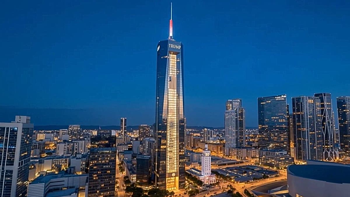 Night rendering of Trump presidential library skyscraper in Miami