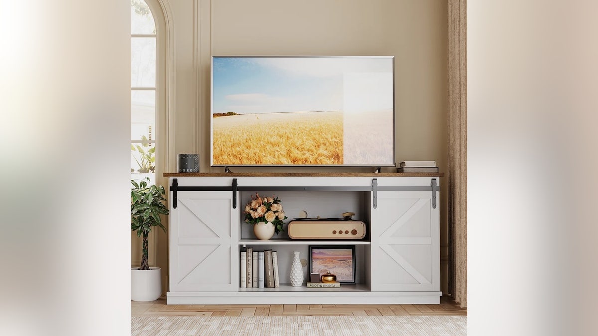 Add a farmhouse-style TV stand to your living room for more storage.