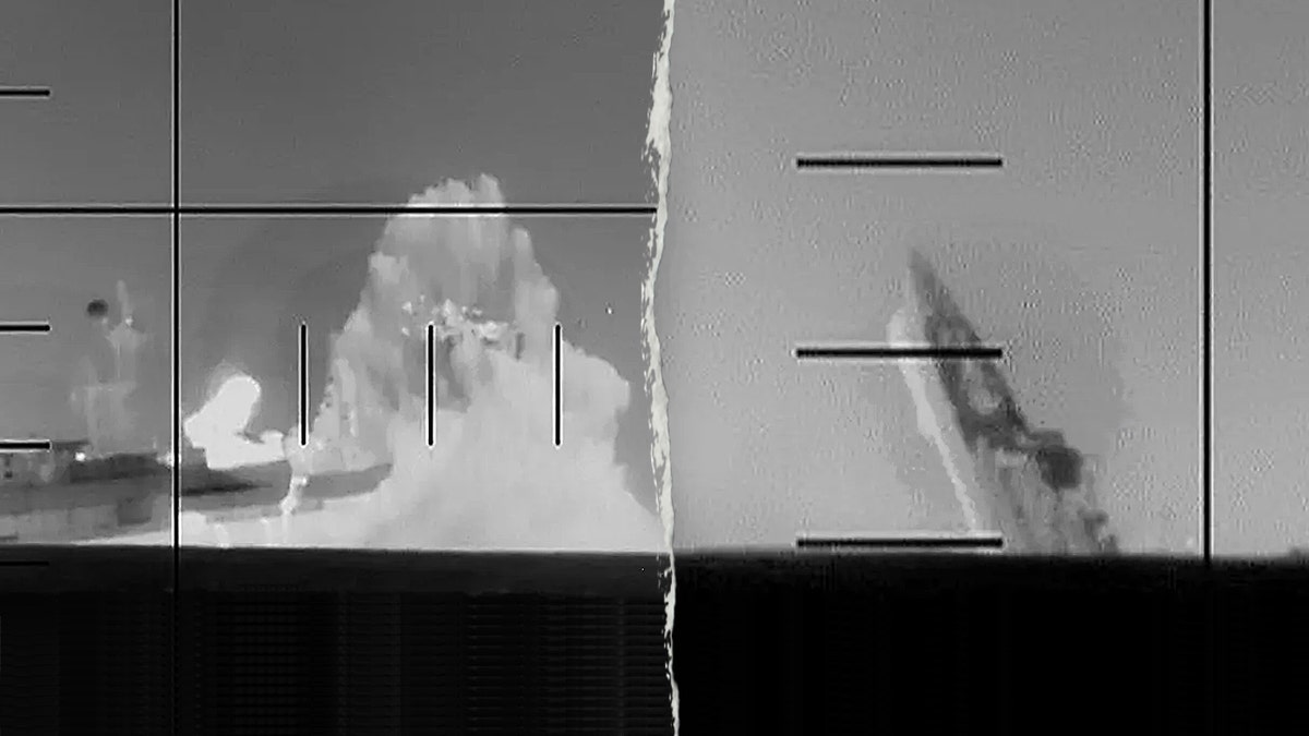 Imagem dividida de torpedo dos EUA atingindo navio de guerra iraniano