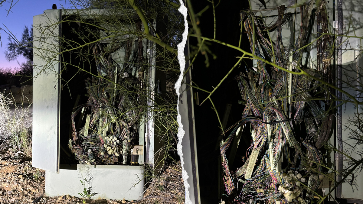 A split image showing an open utility box full of wires