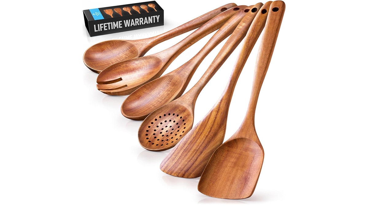 Upgrade your kitchen tools with this durable teak wooden spoon set.