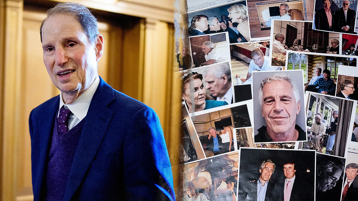 US Sen Ron Wyden, D-Ore., next to a collage of Jeffrey Epstein photos