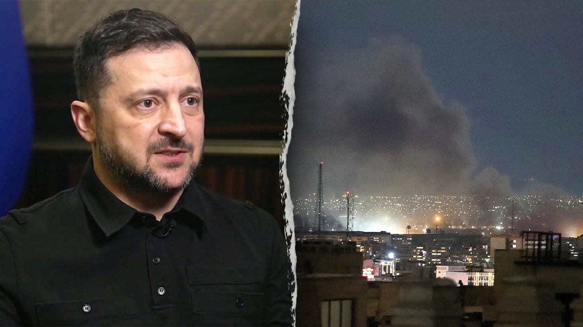 Ukrainian President Volodymyr Zelenskyy speaking at a podium