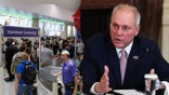 A split image of an airport security line and House Majority Leader Steve Scalise