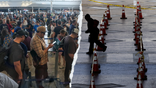 A split showing full and empty security lines at George Bush Airport in Houston