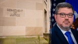 Split photo of the Department of Justice building and Associate Attorney General Stanley Woodward.