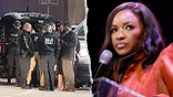 Dallas police at hospital standoff scene next to image of Rep Jasmine Crockett speaking at event