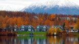 Houses on shore of lake in Wasilla, Alaska.