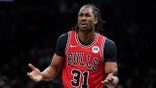 Jaden Ivey of the Chicago Bulls reacting during a basketball game at Barclays Center