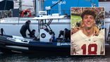 An image of Jimmy Gracey in a Crimson Tide football jersey inset over police in Barcelona retrieving his body from the water of Port Olimpic