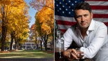 Left, a photo of the Green Mountain College campus in Vermont. Right, Bhakta Spirits founder Raj Peter Bhakta holds a glass of whiskey while seated in front of an American flag.