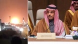 Split image of Saudi foreign minister and strike on Aramco facility in Riyadh
