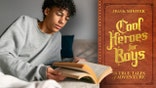 A image of a boy reading along with the book jacket of "Cool Heroes for Boys."