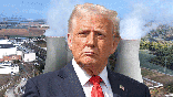Donald Trump with a nuclear power plant image in the background.