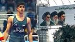Saleh Mohammadi on left, supreme leader poster on right.
