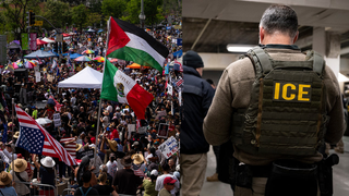 MIRA: Un manifestante enmascarado pinta un mensaje dirigido a ICE en un edificio federal durante una protesta en Los Ángeles