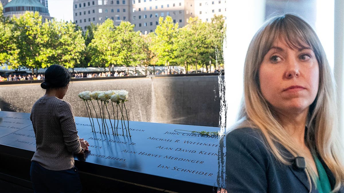 Sarah Trone Garriott looking off-camera next to a person placing white roses on the 9/11 Memorial.