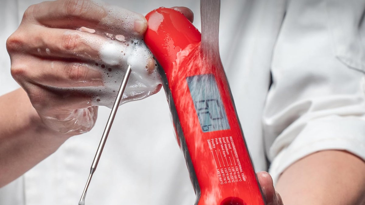 This waterproof thermometer quickly shows you meat temps.
